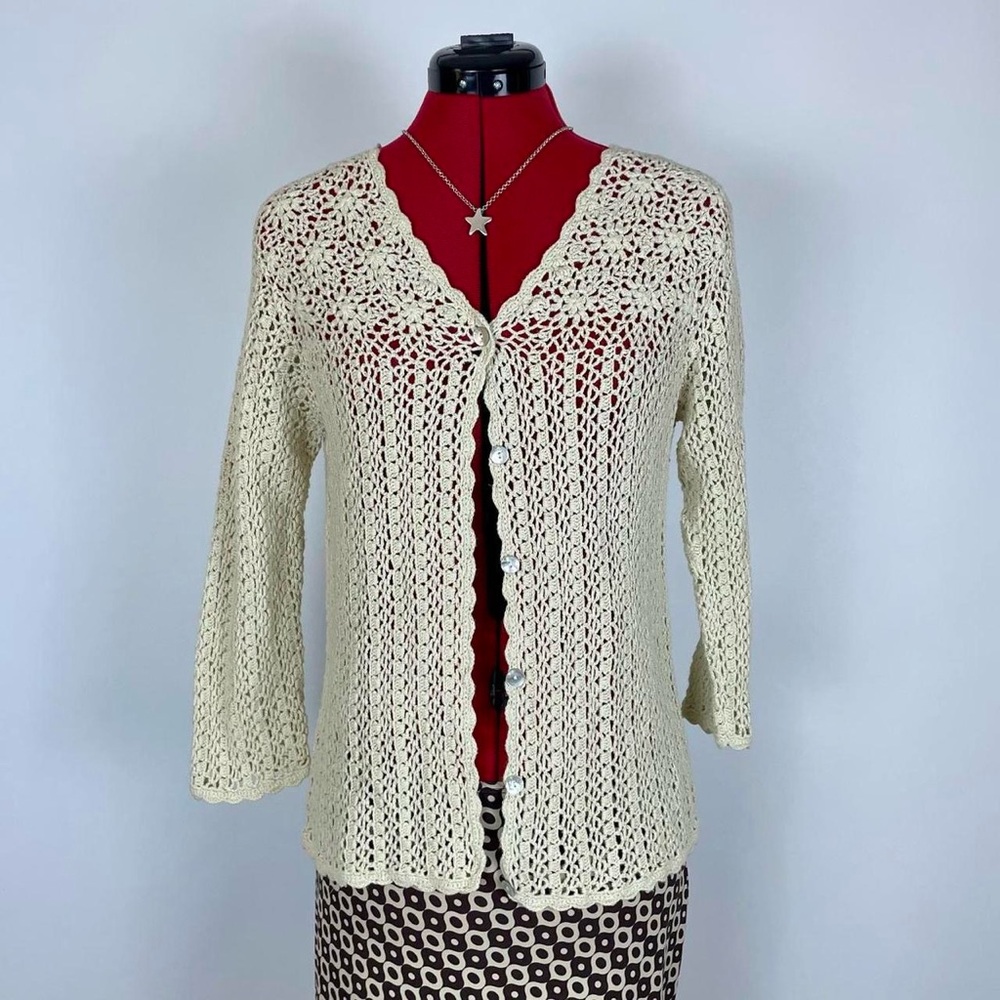 Vintage Cream Crochet Openwork Cardigan Sweater